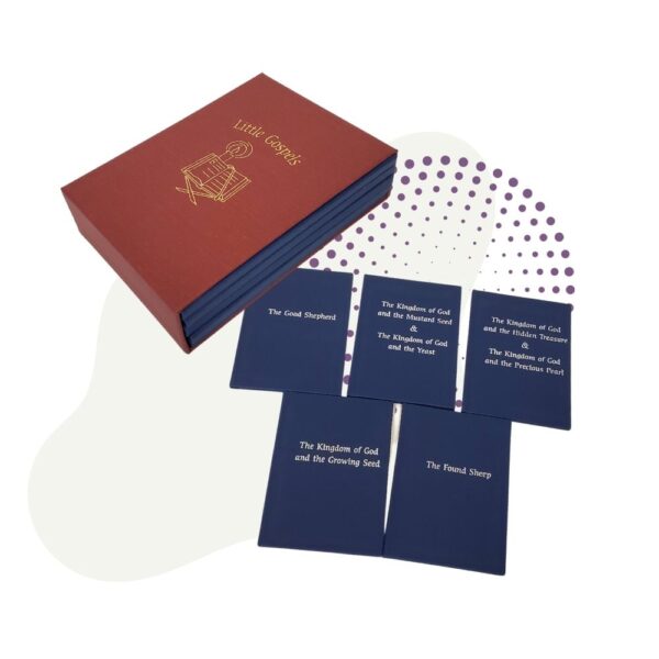 A set of four Little Gospels: Parables books with a red cover and blue covers.