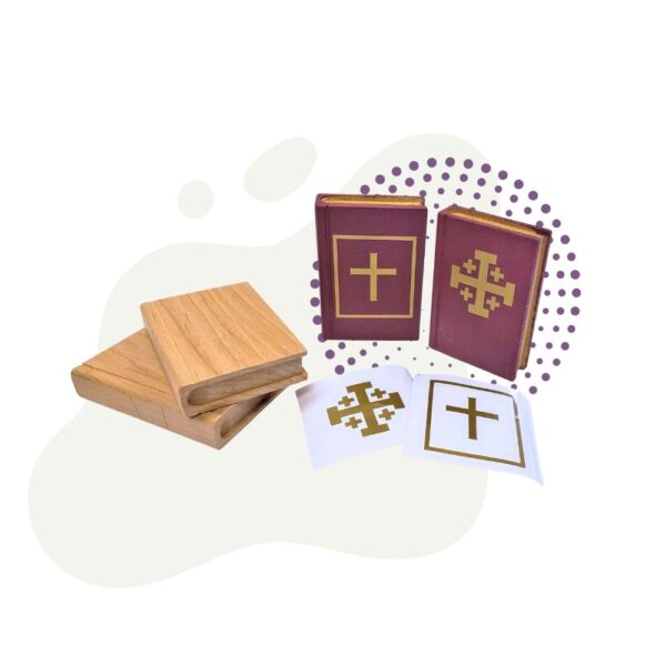 A Lectionary and Missal Wooden Book Set with a cross and two cards.