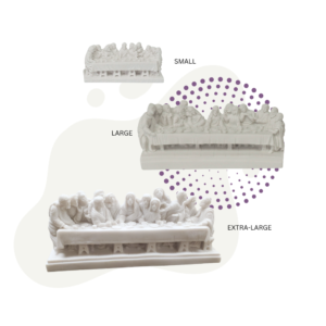 Three white Last Supper Statues in small, large, and extra-large sizes are displayed against a white background with abstract shapes and purple dots.