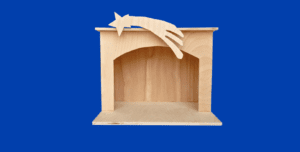 a wooden cat house with a cat on top of it.