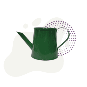 Watering Can: A green metal design featuring a curved handle and narrow spout, showcased on a white backdrop with abstract purple and beige shapes.