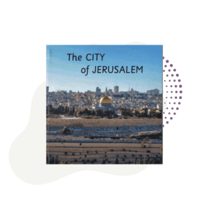 The image shows the cover of "The City of Jerusalem Book," featuring a cityscape with the Dome of the Rock centered.