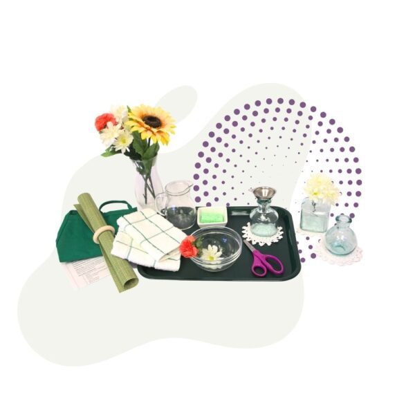 A Flower Arranging Set with a vase of sunflowers and other items.