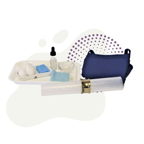 a white tray with blue and white Metal Polish items on it.