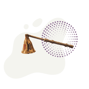 A Candle Snuffer with a twisted brass handle is set against a white backdrop with purple dots and abstract shapes.