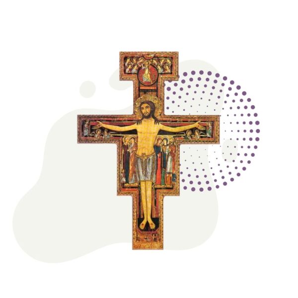 A painting of Jesus on the San Damiano Processional Cross on a white background.