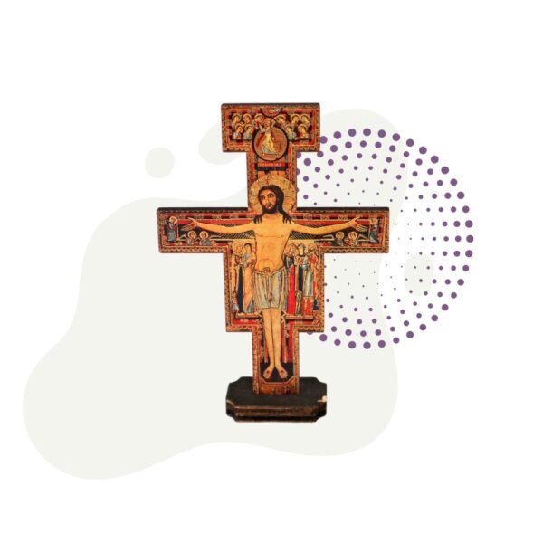 A Crucifix Wood San Damiano portraying Jesus on a wooden cross.
