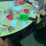 a group of people sitting around a table.