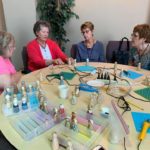 a group of people sitting around a table.