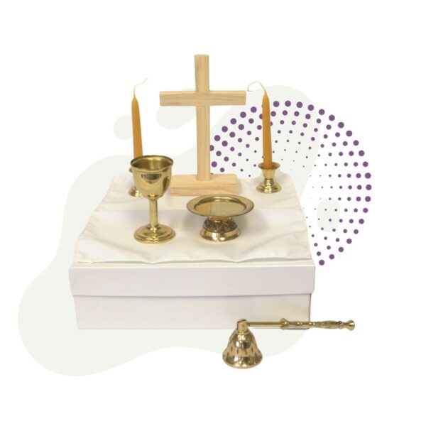 Altar Set #2, consisting of a cross and two candles on a white box.