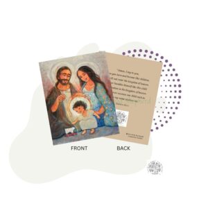 A Jesus and the Lamb Prayer Card (Set of 6) #2 with a picture of a man and woman holding a child.