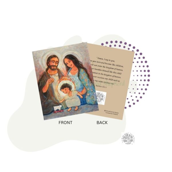 A Jesus and the Lamb Prayer Card (Set of 6) #2 with a picture of a man and woman holding a child.