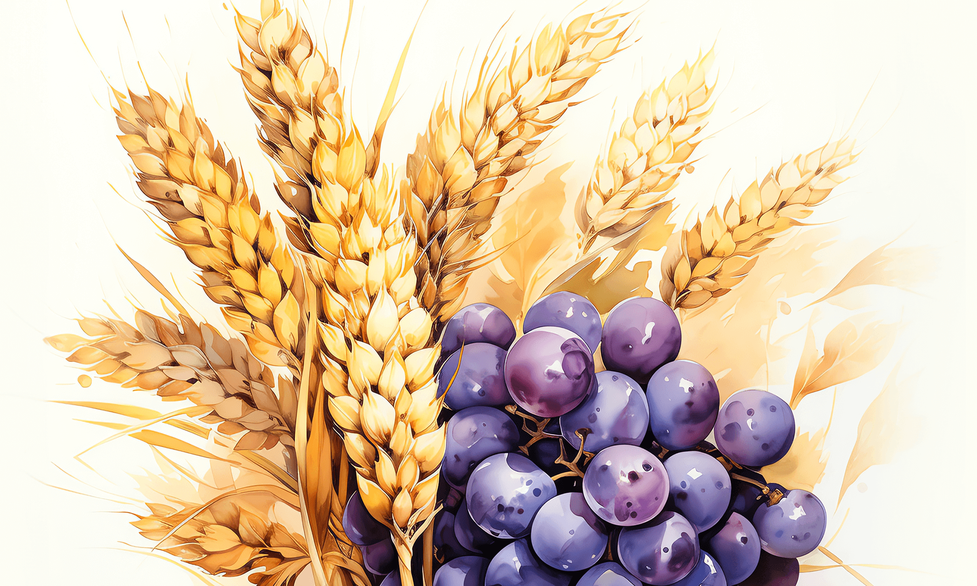 a painting of a bunch of grapes and wheat.