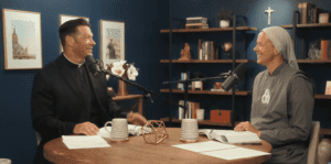 Two men sitting at a table talking to each other.