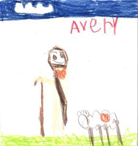 A child's drawing of a shepherd and sheep.