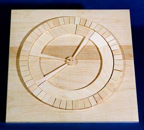 A clock made out of wood on a blue background.