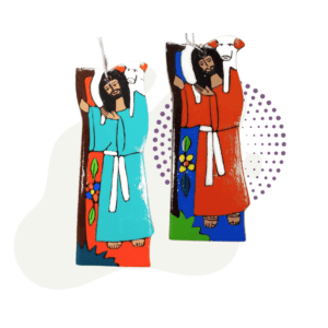 Two bookmarks with jesus and a cat on them.