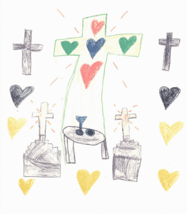 A drawing of a cross with hearts around it.