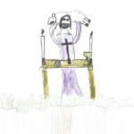 A child's drawing of a figure holding a smoking pot, standing behind a table with two unlit candles.