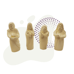 Four Visitation Figures - Unfinished representing a nativity scene, including one holding a child, set against a dotted purple and white background.
