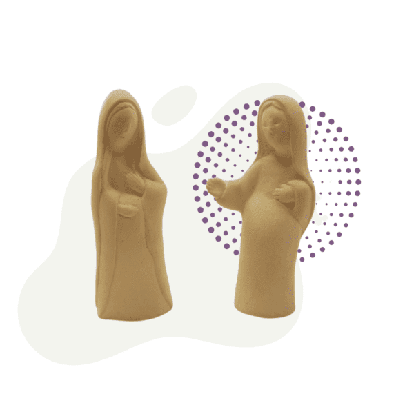 Two Visitation Figures - Unfinished of women with flowing hair and hands together in prayer, set against a minimal background with purple dots.