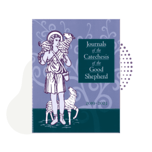 Book cover illustration featuring a shepherd with sheep, titled "The Catechesis of the Good Shepherd Journal 2024" on a purple background.