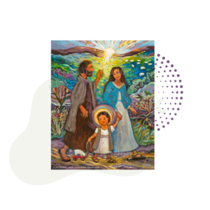The "Memory and Hope Print" is a colorful artwork featuring two adults and a child with halos walking in nature, surrounded by plants and a bright sky.