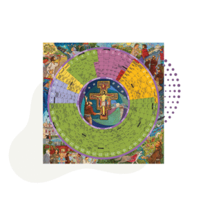 The Year of Grace Poster 2026 is a circular Christian liturgical calendar with color-coded sections, detailed illustrations, and a prominent cross at the center.