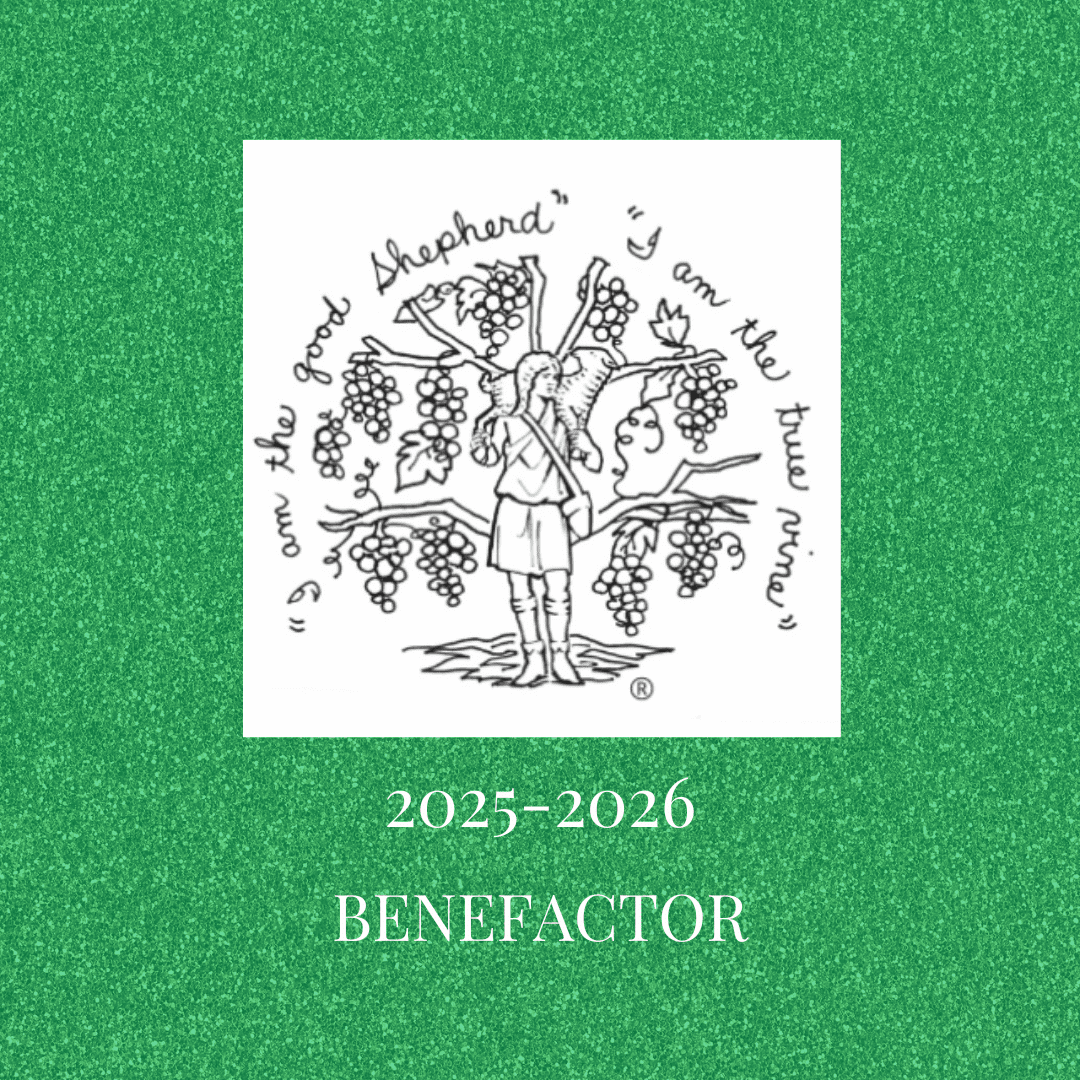 Illustration of a shepherd with sheep and grape vines, with the text “I am the good Shepherd” and “I am the true vine.” Below, it reads "2025–2026 BENEFACTOR" on a green background.