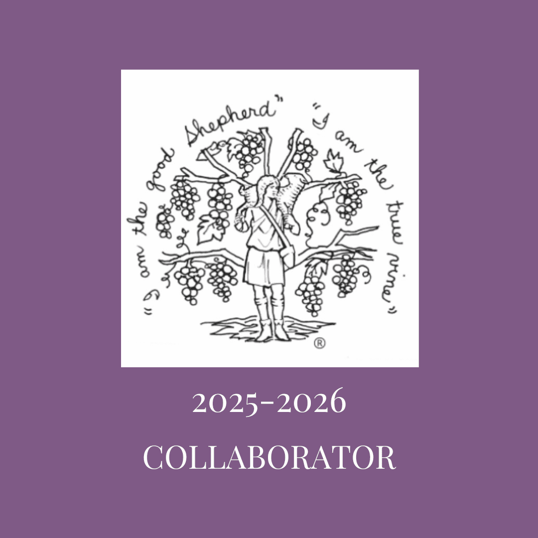 Black and white drawing of a child with a shepherd's staff and grapevine, surrounded by the texts "I am the good shepherd" and "I am the true vine." Text below reads "2025–2026 COLLABORATOR.