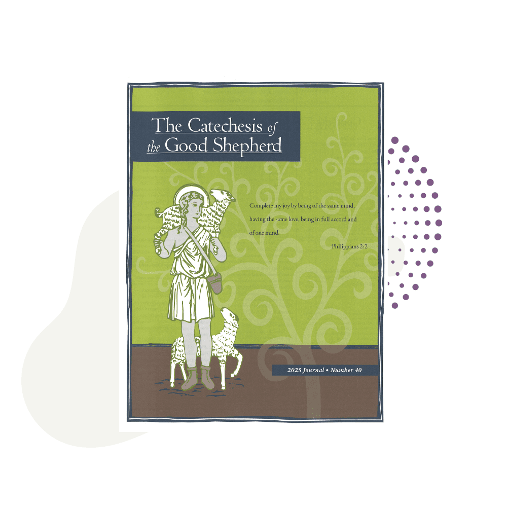 Cover of "The Catechesis of the Good Shepherd Journal 2025," with an illustration of a shepherd carrying a sheep and a Bible verse from Philippians 2:2 on a green background.