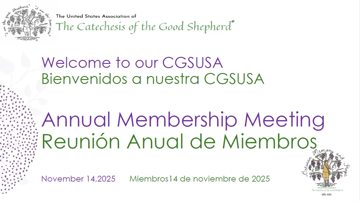 Digital flyer for the CGSUSA Annual Membership Meeting on November 14, 2025, displayed in English and Spanish with floral border accents.