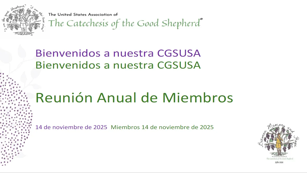 Slide announcing the Annual Members Meeting of The Catechesis of the Good Shepherd USA on November 14, 2025, with greetings in Spanish and English.