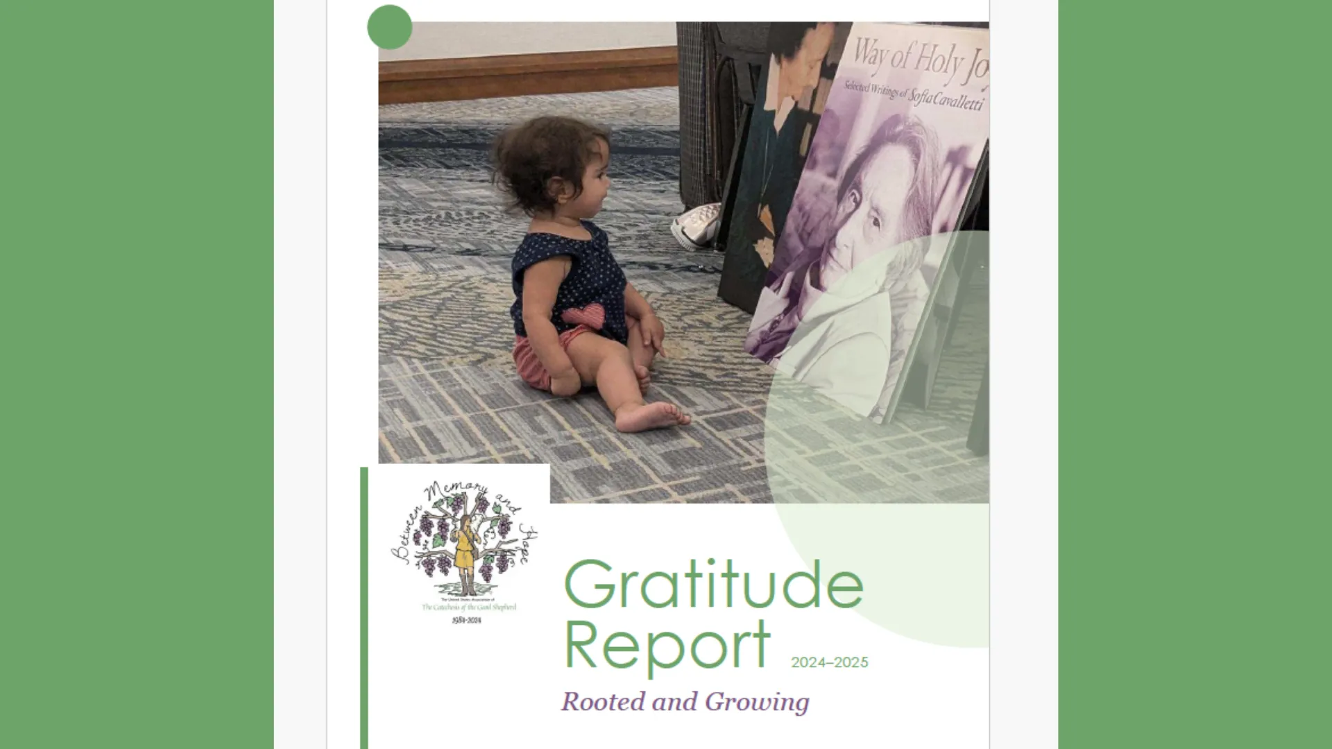 A young child sits on a carpeted floor, facing a large poster with a black-and-white portrait of a woman. The poster is part of a "Gratitude Report 2024–2025" display.