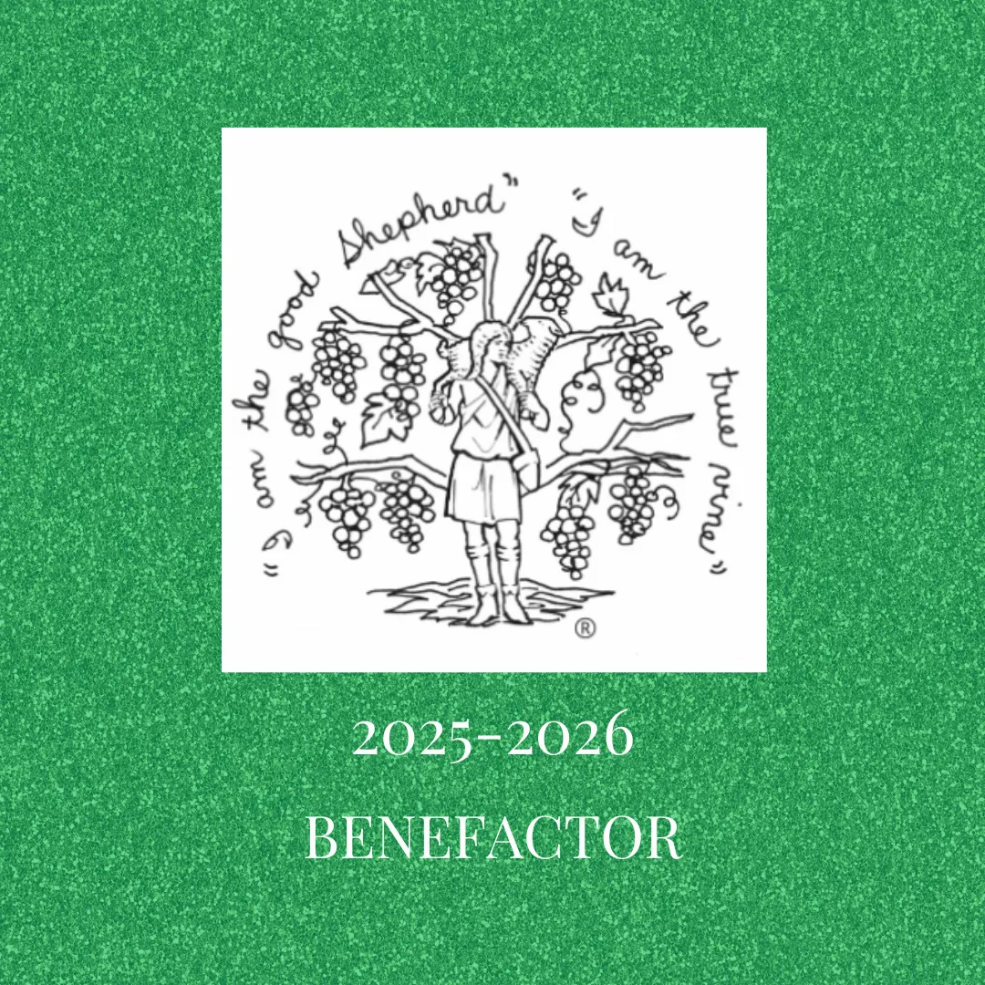 Black and white illustration of a shepherd with sheep and grapevines, with text "I am the good Shepherd" and "I am the true vine." Below, it reads "2025–2026 BENEFACTOR" on a green background.