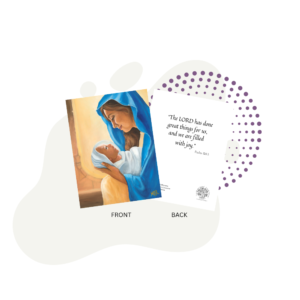 The Mary & Jesus: The Golden Connection Prayer Card features an illustration of Mary holding baby Jesus on the front and a Bible verse from Psalm 126:3 on the back.