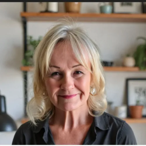 A woman with shoulder-length blonde hair and a dark shirt smiles at the camera, with shelves holding plants and decor in the background.