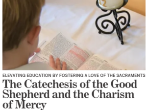 A child reads a book at a table with a candle in a holder, accompanying an article titled "The Catechesis of the Good Shepherd and the Charism of Mercy.