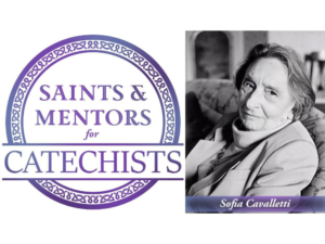 Purple logo reads "Saints & Mentors for Catechists." Next to it is a black-and-white portrait of Sofia Cavalletti, seated and looking at the camera.